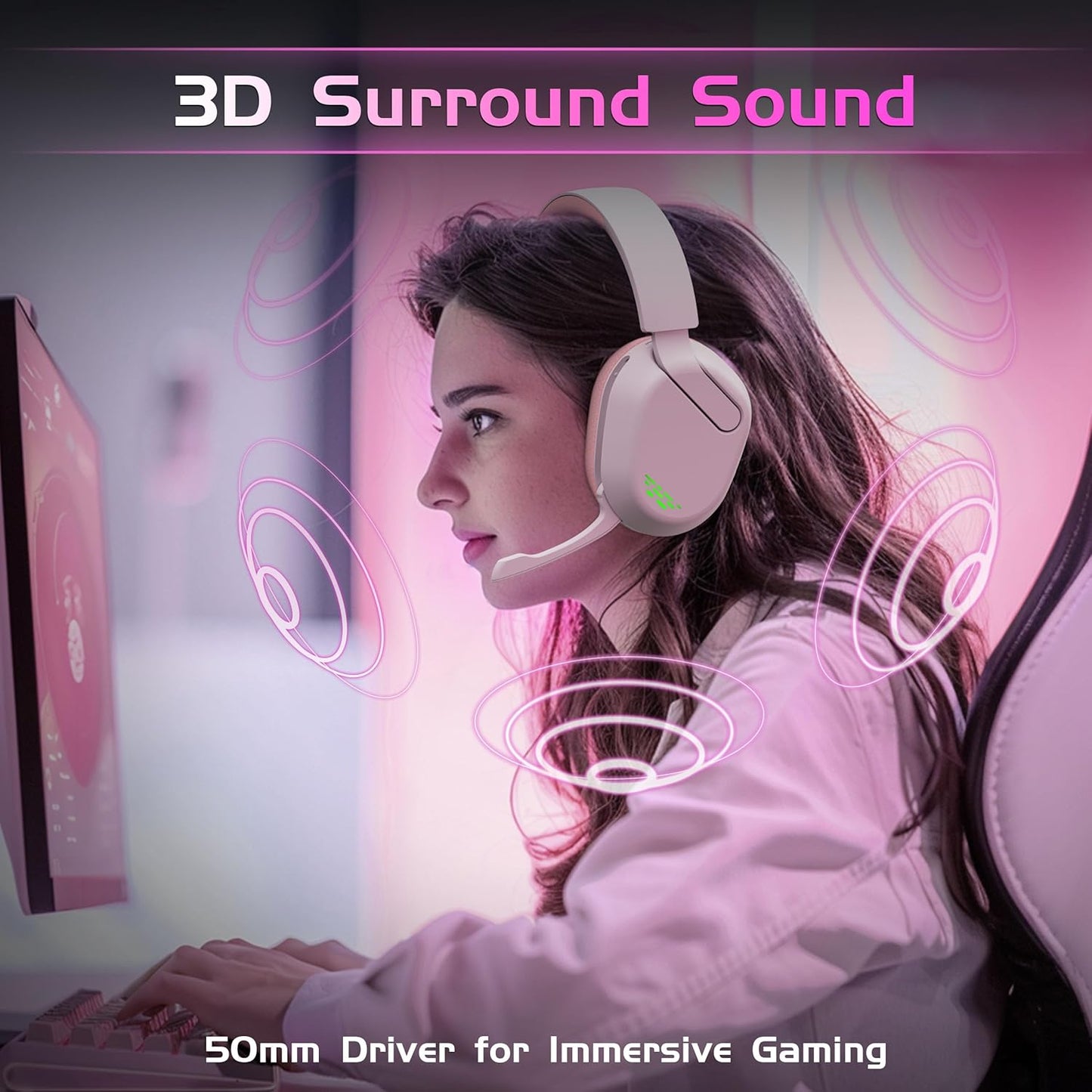 Gvyugke Wireless Gaming Headset for Xbox Series X/S, Xbox One, PS5, PC, Mac, Bluetooth 6.0 Gaming Headphones with Flip-to-Mute Noise-Canceling Mic, Foldable, 3D Surround Sound, 45H Battery - Pink