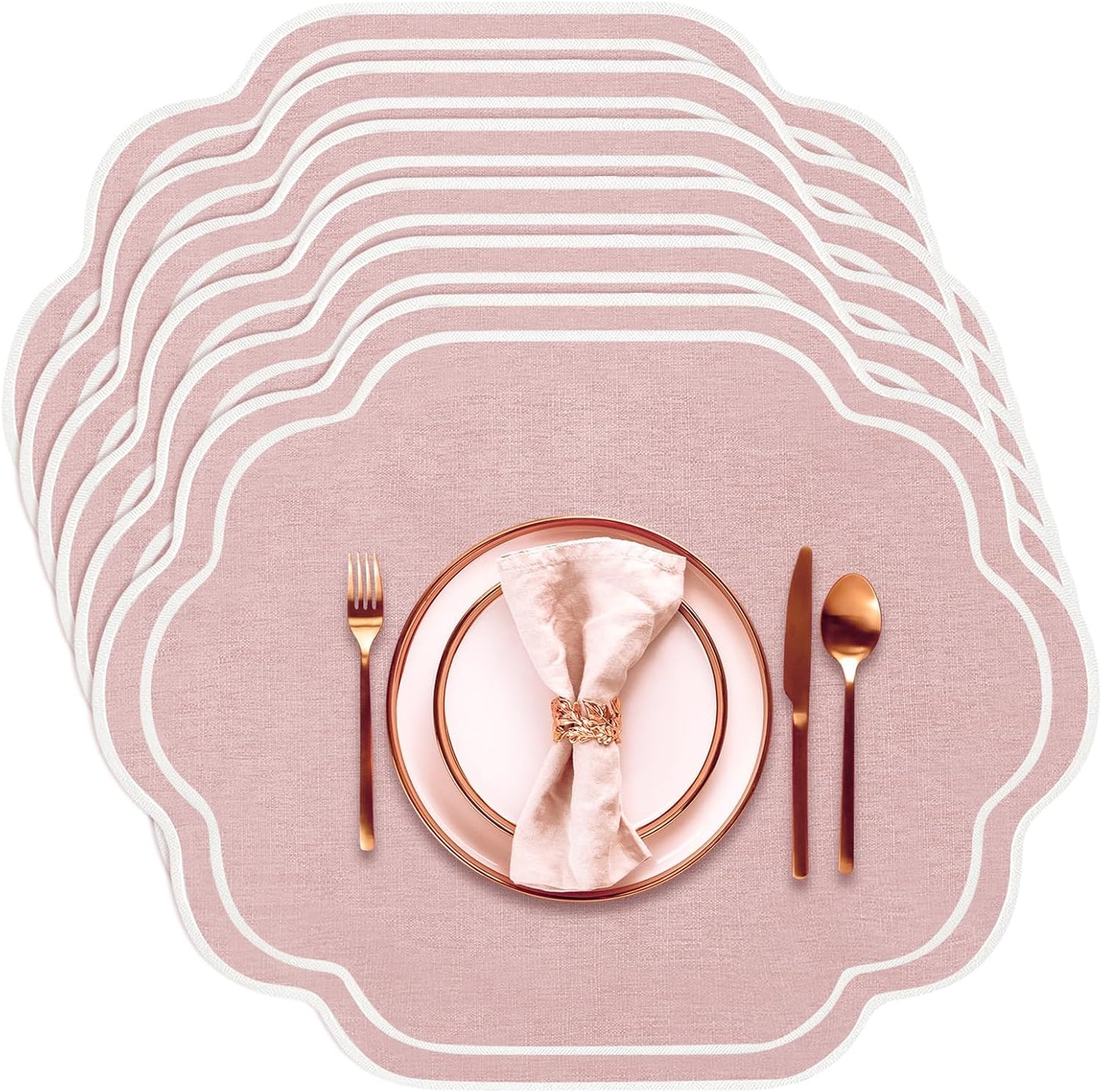 Breling 6 Pcs Pink Wedding Placemats Scalloped Embroidered Cotton Linen Placemats 17" x 13" Double Layered Machine Washable Table Place Mat for Party Table Decor (Cotton)