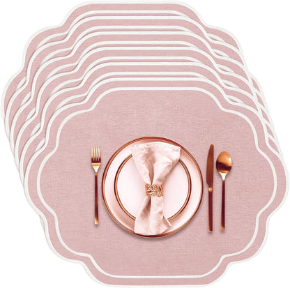 Breling 6 Pcs Pink Wedding Placemats Scalloped Embroidered Cotton Linen Placemats 17" x 13" Double Layered Machine Washable Table Place Mat for Party Table Decor (Cotton)