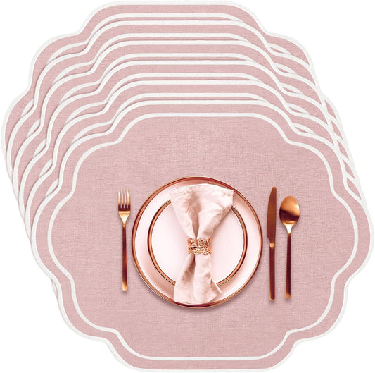 Breling 6 Pcs Pink Wedding Placemats Scalloped Embroidered Cotton Linen Placemats 17" x 13" Double Layered Machine Washable Table Place Mat for Party Table Decor (Cotton)
