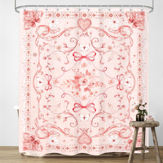 Pink Girly Shower Curtain 60Wx72H Inches Cute Boho Bow Teen Girl Floral Sweet Princess Elegant Preppy Aesthetic Fabric Waterproof Polyester Bathroom Home Decor Set with Hooks