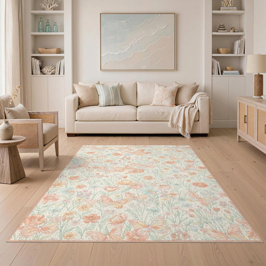 5'x7' Washable Cottagecore Floral Area Rug, Peach Non-Shedding Pet Friendly Carpet Easy Care Kids Safe Mat for Small Living Room, Playroom, Bedroom | Ref:2168313
