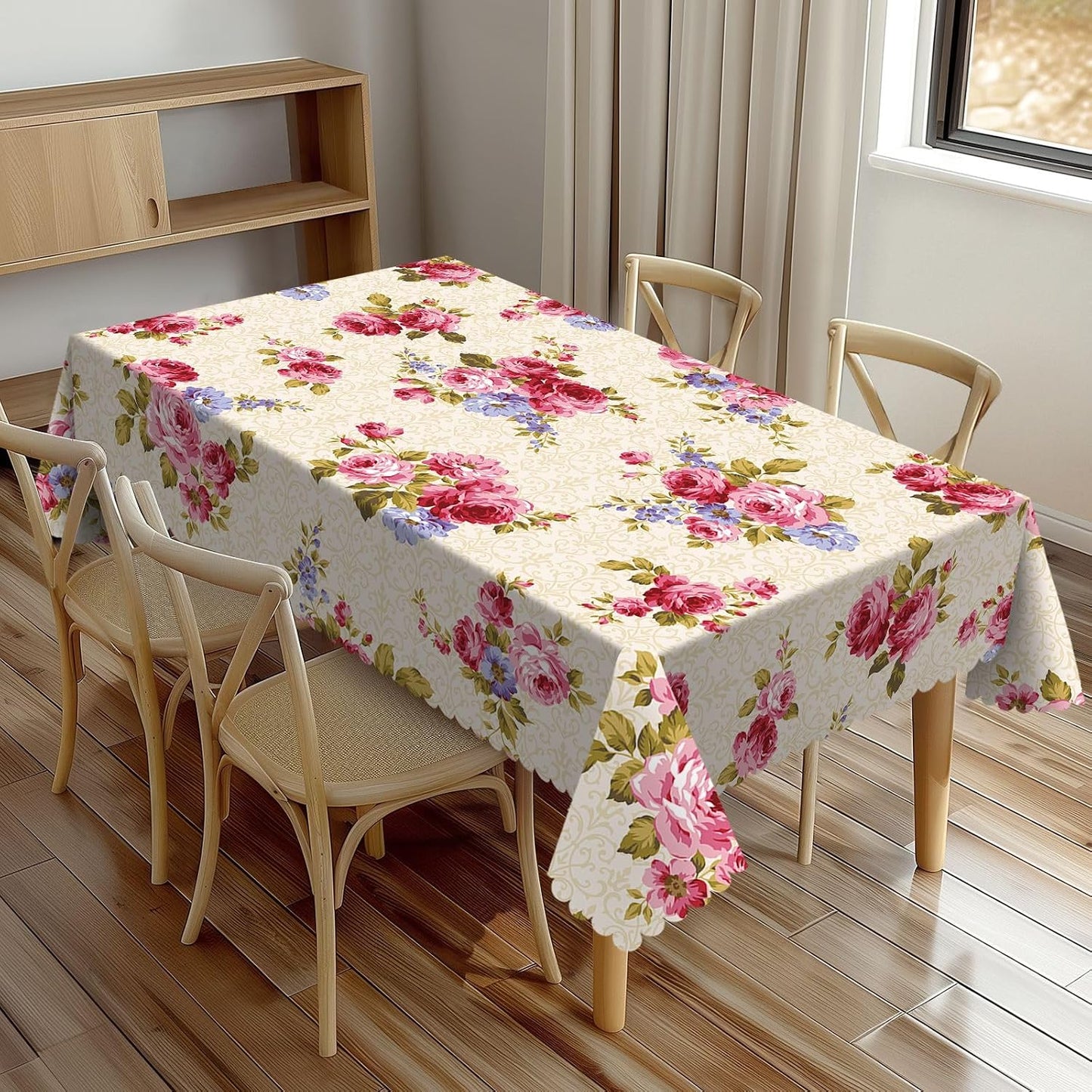Rose Pattern Tablecloth 54x72 Inches, Pink Floral Rectangular Polyester Table Cover with Wave Lace, Washable Dining Table Cloth for Kitchen, Party, Outdoor