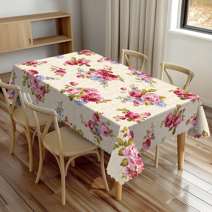 Rose Pattern Tablecloth 54x72 Inches, Pink Floral Rectangular Polyester Table Cover with Wave Lace, Washable Dining Table Cloth for Kitchen, Party, Outdoor