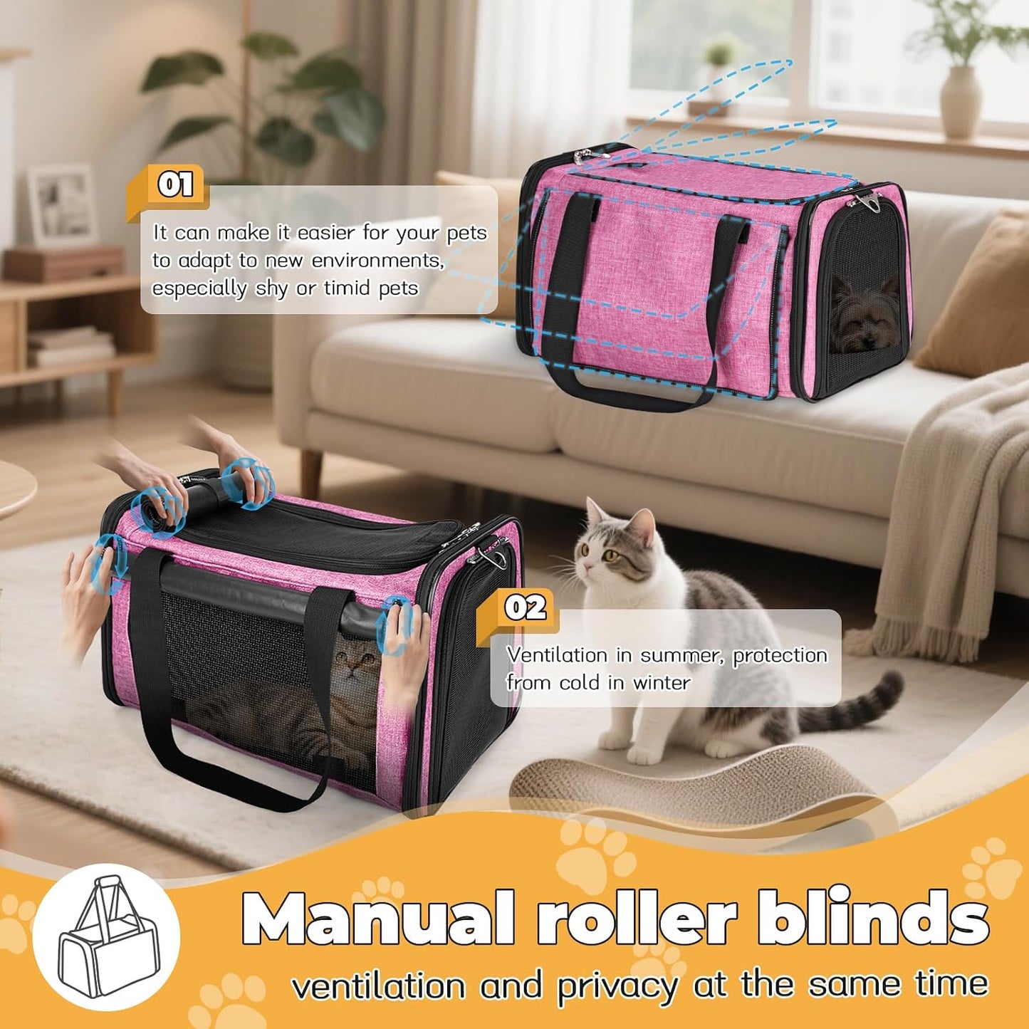 YUDODO 2 Packs 25 lbs Lightproof Soft Sided Pet Carrier for Large Cat & Small Dog Airline Approved Travel Bag Puppy Carriers with Side Pockets & Reflective Mesh, Foldable Portable Pink+Lake Blue