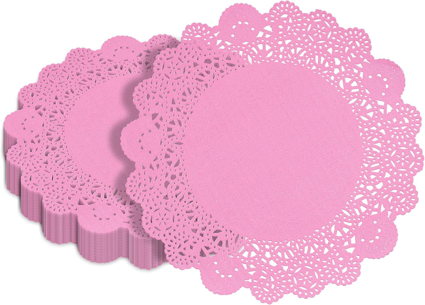 Pastry Tek 8 x 8 Inch Paper Lace Doilies, 100 Disposable Table Doilies - Elegant Lace Finish, Long Lasting, Pink Paper Doily, for Pastries, Cupcakes, Desserts - Restaurantware