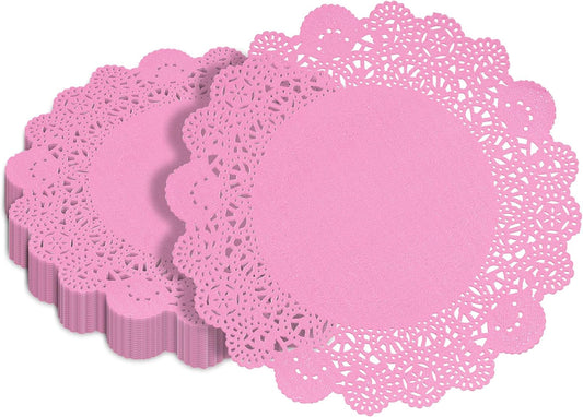 Pastry Tek 8 x 8 Inch Paper Lace Doilies, 100 Disposable Table Doilies - Elegant Lace Finish, Long Lasting, Pink Paper Doily, for Pastries, Cupcakes, Desserts - Restaurantware