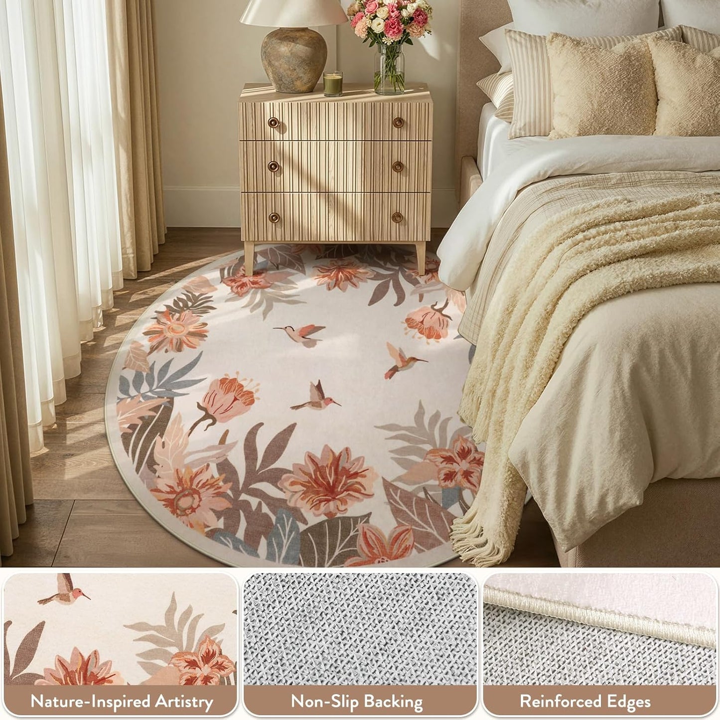 Beeiva Floral Round Rug 4ft for Entryway - Washable Circular Pink Boho Rug for Bedroom, Non Slip Small Rugs Circle Carpet for Dining Room Kitchen Table Flower Print Décor(Beige,Round 4')