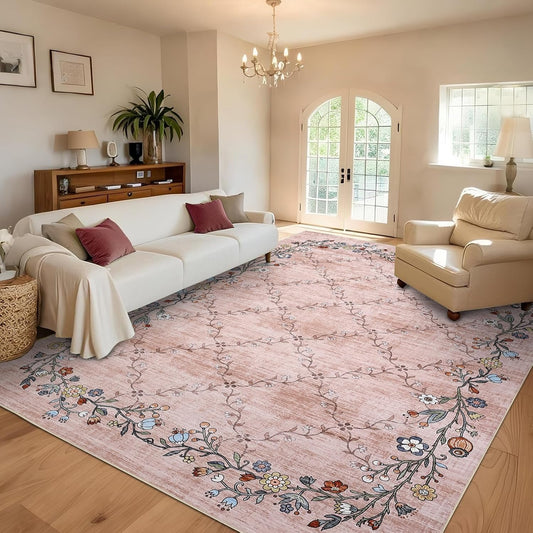GarveeHome 10x13FT Area Rugs for Living Room, Modern Floral Large Washable Rug with Non-Slip Backing, Soft Stain Resistant Low Pile Vintage Floral Carpet for Dining Room Bedroom Office, Pink