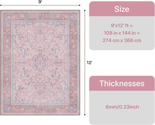 Bavni Vintage Floral Rugs 9x12, Large Washable Area Rug with Non Slip Backing, Low Pile for Living Room, Nursery,Bedroom & Home Decor, Lightweight Carpet, Pink