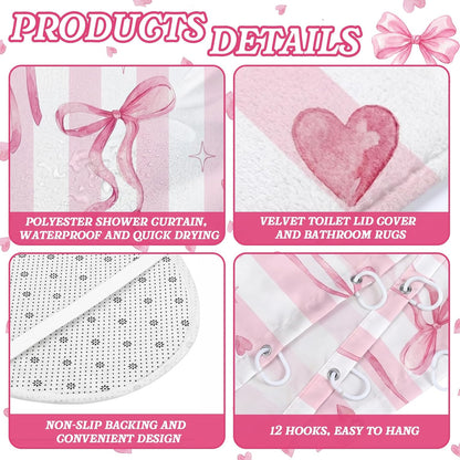 Britimes 10 Pcs Pink Bows Bathroom Sets with Shower Curtain and Rugs and Towels, Coquette Aesthetic Bathroom Decor Pink Shower Curtain Set with Bath Mat Toilet Rug 12 Hooks 6 Microfiber Towels