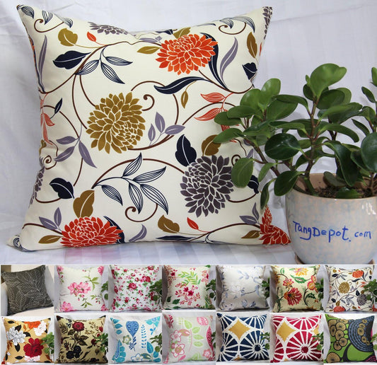 TangDepot 100% Cotton Floral/Flower Printcloth Decorative Throw Pillow Covers /Handmade Pillow Shams, 14 Color and 10 Size options, Light Black, Peach Blossom,(12"x20", S07 Chrysanthemum)