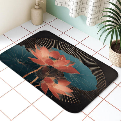 Water Lily Floral Quick Dry Bath Mat, Elegant Peach Flowers Leaves Absorbent Non Slip Shower Mat, Modern Flannel Washable Bath Rugs for Bathroom Toilet Restroom Decorative 20x32 Inch