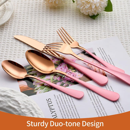 20 Piece Rose Gold Pink 18/0 Flatware Utensil Set for 4, Include Dinner Knife,Dinner Forks,Dinner Spoons,Salad Forks,Teaspoons,Silverware Set for 4, Dishwasher Safe