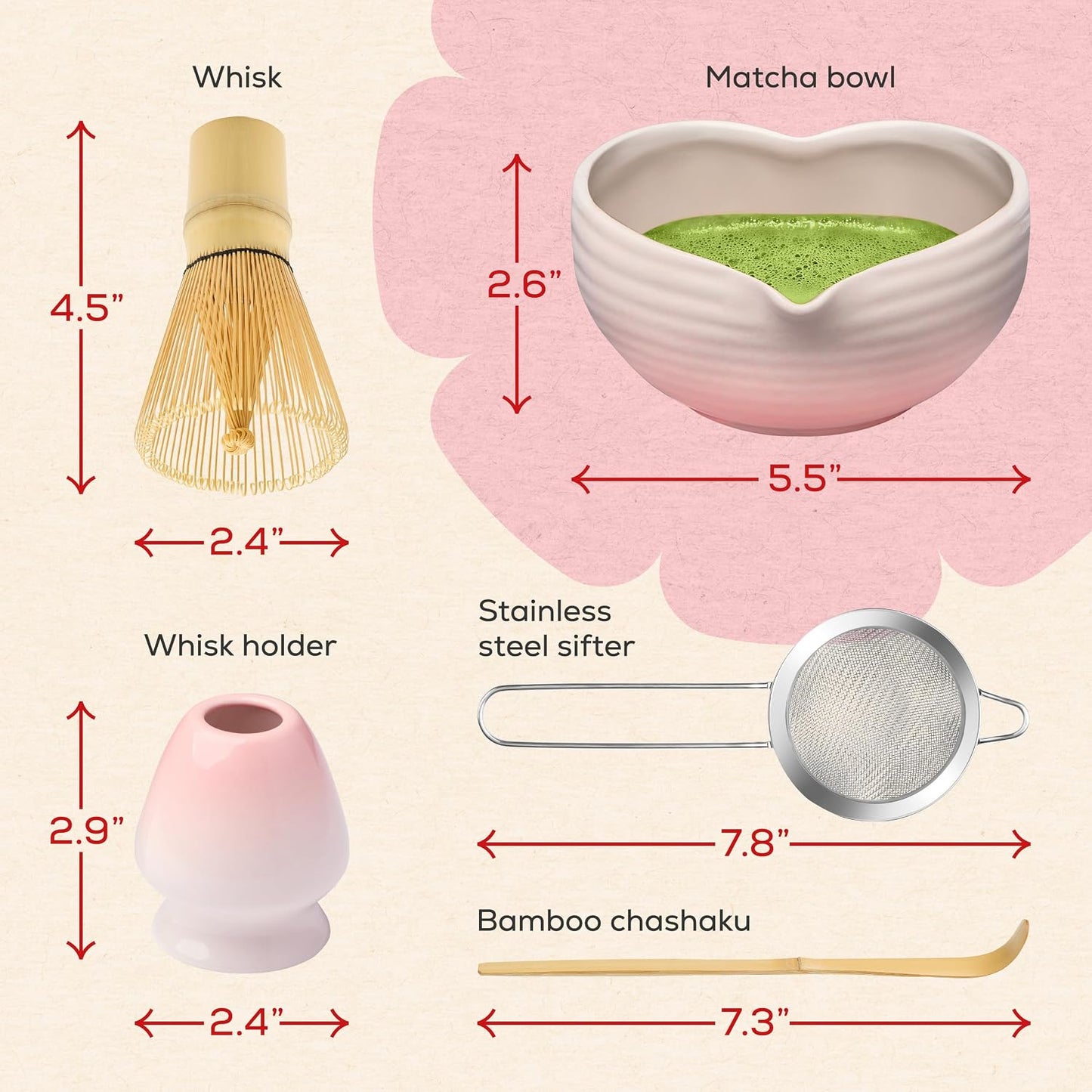 Rehny’s Matcha Whisk Set | Complete Pink Matcha Set w/Heart-Shaped Bowl, Bamboo Whisk, Holder, Stainless Steel Sifter, Bamboo Scoop | Cute Gift Present Macha Kit Handmade Bowl | Macha Powder Tea Kit