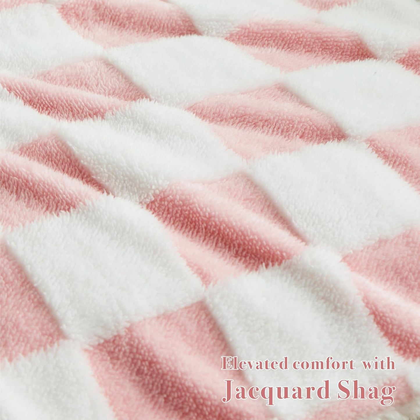 Ohocut Checkered Jacquard Shag Throw Pillow Covers, Pack of 2 Fluffy Pink Cute Decorative Girly Women Aesthetic Soft Checkered Throw Pillow Cases for Couch Sofa Bedroom,18x18 Inch