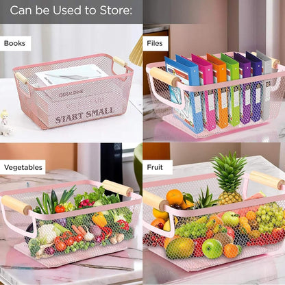 AJIODA Metal Mesh Steel Basket, Medium Wire Storage Organizer Basket Multi-function Hanging Kitchen Basket with Wood Handle for Kitchen Bathroom Picnic Home, Rectangle-Pink