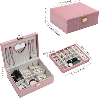 Dajasan Jewelry Box for Teen Girls Women, 2 Layers Jewelry Organizer with Mirror, Removable Jewelry Tray, Jewelry Storage Case, Gift Idea for Teenagers, Striped Velvet (Pink)