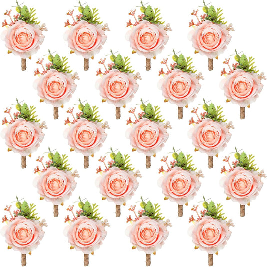 Sherr 20 Pcs Rose Boutonniere for Men Wedding Corsage Rose Groom and Groomsmen Boutonniere with Artificial Flower for Rustic Vintage Wedding Ceremony Anniversary Dinner Prom Party (Pink)