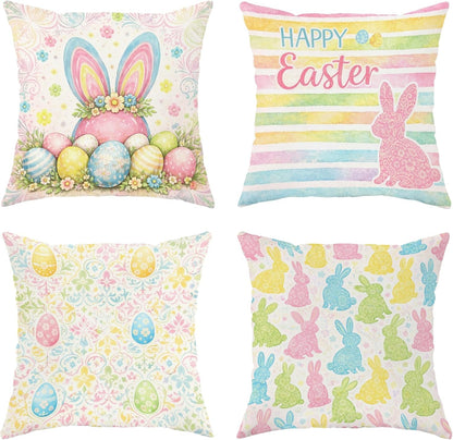 Bunny Throw Pillow Covers Set of 4, Spring Festive Easter Eggs Flowers Easter Pastel Peach Soft Velvet Washable Pattern Pillow Covers for Home Living Room Bedroom Dorm Couch Decor 16x16 Inch