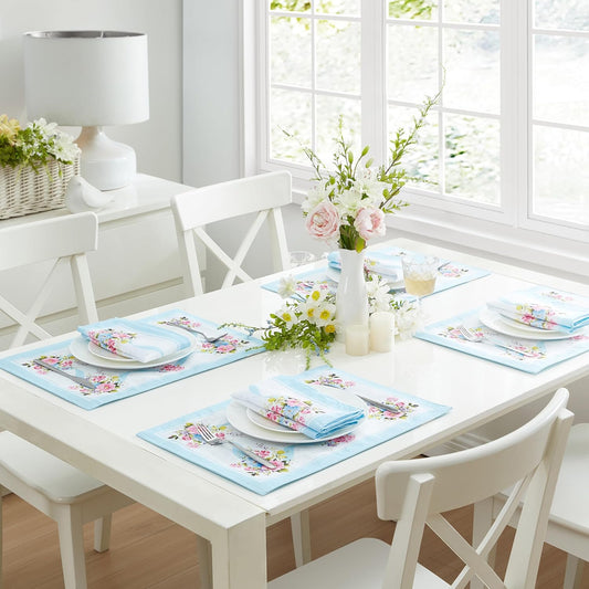 Newbridge Cottage Rose Fabric Placemats, 13 x 19 Inch, Easy Care Wrinkle and Stain Resistant Blue and Pink Floral Set of 4 Placemats for Indoor Outdoor Party Dining