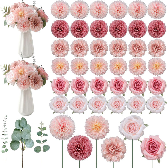 Suncalla 98 Pcs Artificial Flowers Bouquet Assorted Faux Flowers Heads with Stem Eucalyptus Leaves Silk Floral Table Centerpiece for DIY Wedding Party Wreath Home Decor(Pink Color)