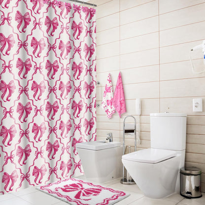 Fourluoo 18 Pcs Fabric Shower Curtain Set with 12 Decorative Shower Curtain Hooks Bathroom Towels Non Slip Absorbent Microfiber Rug for Modern Aesthetic Bathroom(Pink,Bow)