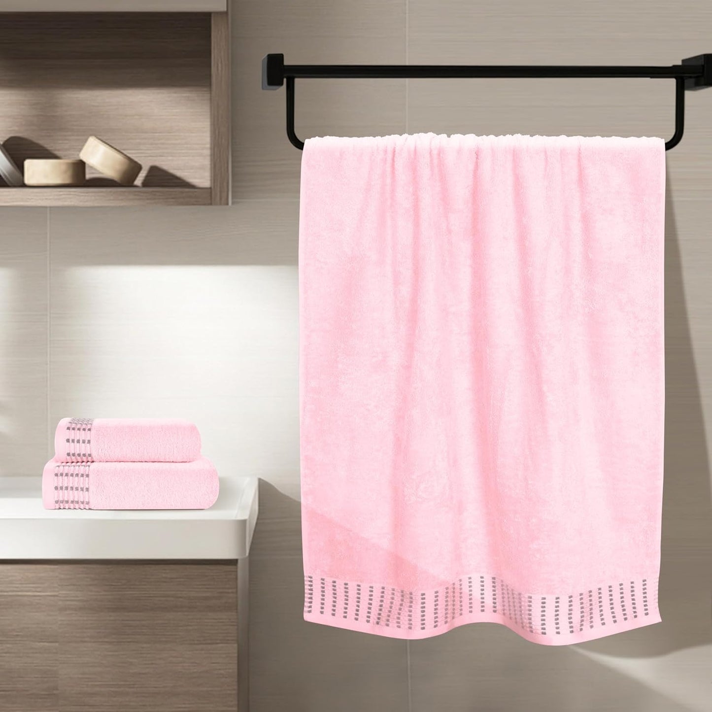 MALLONI HOME Ultra Soft 3 Pack Cotton Towel Set, Contains a Bath Towels 28x55 inch, a Hand Towels 16x24 inch & a Wash Coths 12x12 inch, Ideal Everyday use, Compact & Lightweight - Pink