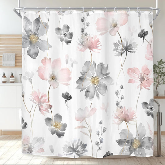 Riyidecor Pink Grey Floral Flower Shower Curtain for Bathroom Decor 72Wx72H Boho Watercolor Spring Wildflower Rustic Cute Plant Botanical Art Printed Fabric Polyester Waterproof 12 Pack Plastic