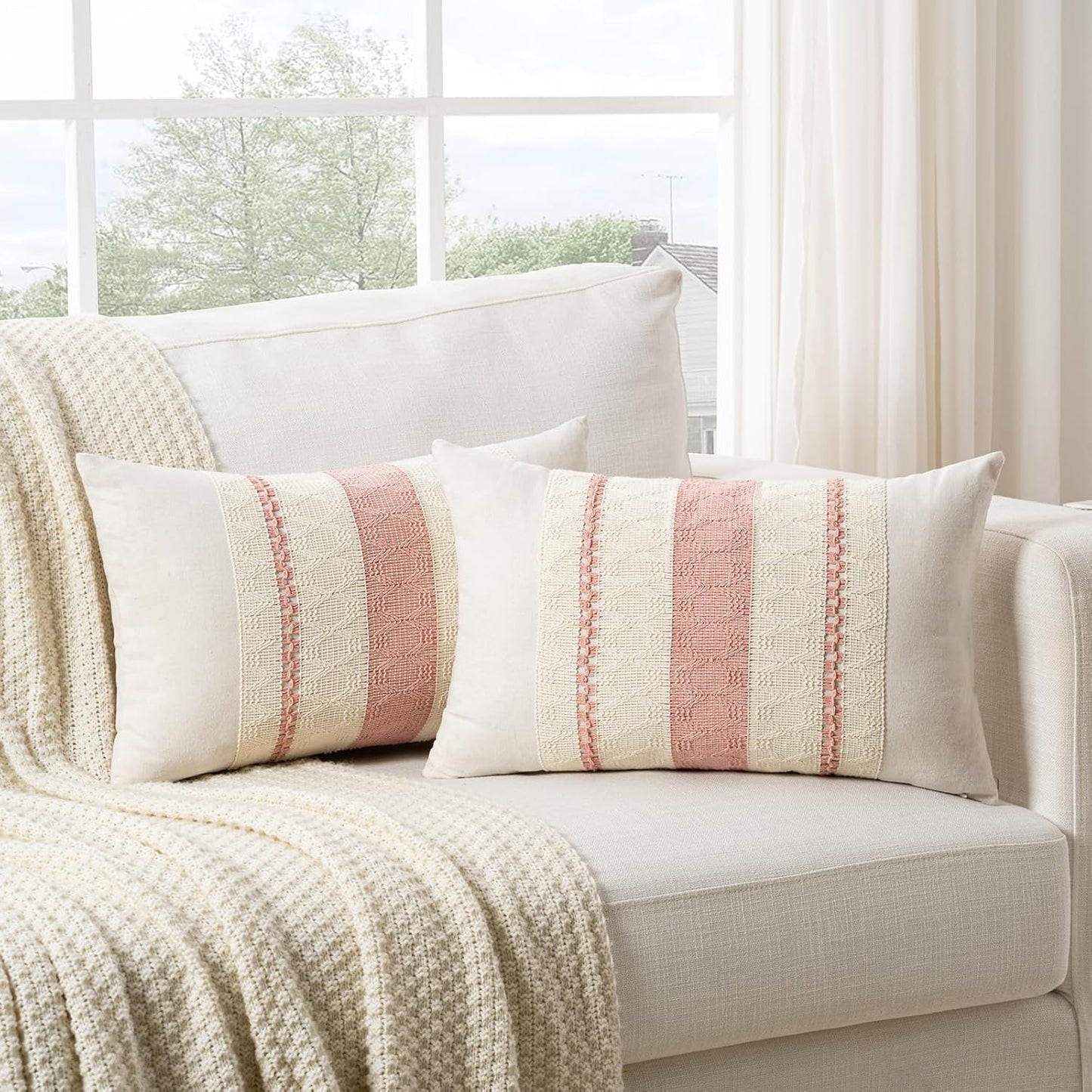 Fancy Homi Set of 1 Boho Pink Lumbar Decorative Throw Pillow Cover 12x20 Inch for Couch Bed Sofa Chair, Modern Organic Farmhouse Home Decor, Soft Cotton Cute Accent Rectangle Cushion Case