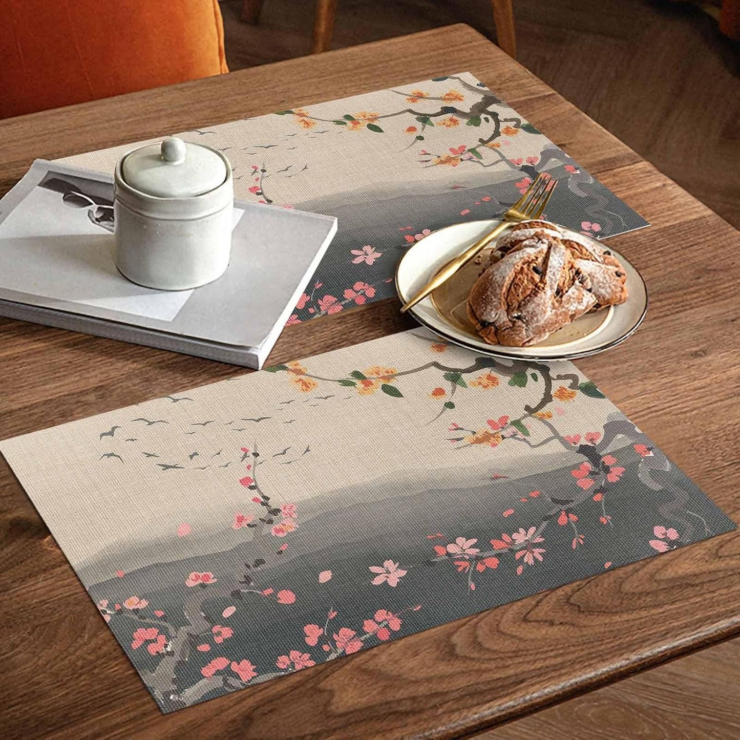 Chinese Ink Painting Placemats Set of 6, Washable PVC Kitchen Table Mats Place Mats, Pink Peach Blossom Branches Woven Vinyl Placemat for Dining Table, 13" x 19"