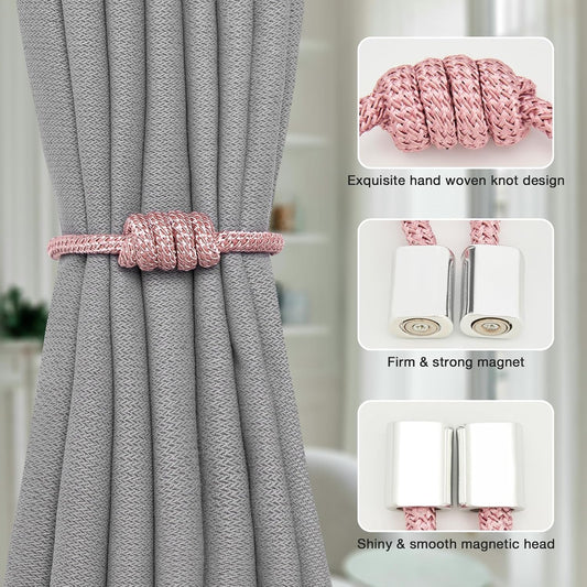 NICEEC 2 Pack Mini Magnetic Curtain Tiebacks Modern Simple Style Drape Tie Backs Elegant Hand Weave Rope Knot Decorative Curtain Holdbacks for Home & Office Window Drapery (Pink)