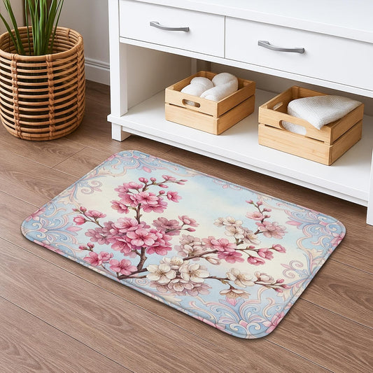 Vintage Floral Quick Dry Bath Mat, Peach Cherries Blossom Absorbent Non Slip Shower Mat, Spring Decorative Washable Bath Rugs for Bathroom Toilet Restroom 20x32 Inch
