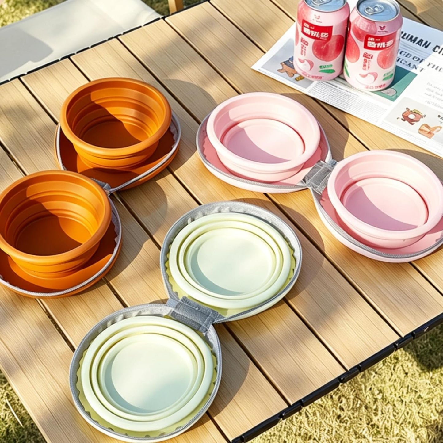 Bear Paw Foldable Pet Bowl, Dual Bowl Design for Food and Water,6.1in，Pink,Orange and Beige (Orange)