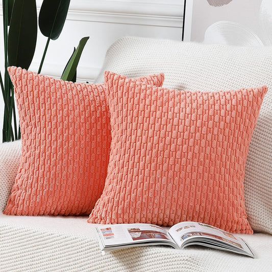 MADIZZ Pack of 2 Corduroy Decorative Throw Pillow Covers 16x16 Inch Coral Soft Boho Striped Couch Throw Pillows for Bed Pillowcases for Sofa Livingroom Home Decor