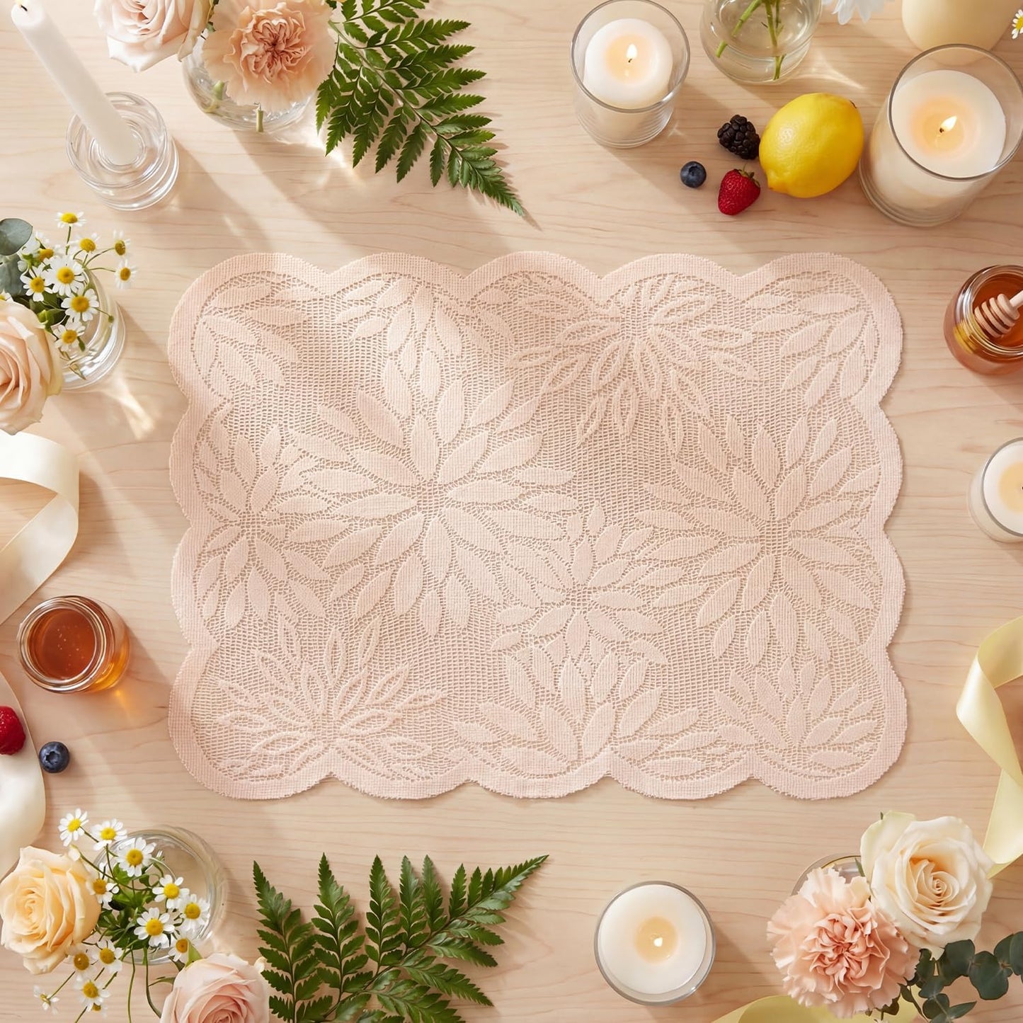 Artoid Mode Pink Dahlia Lace Placemats Set of 4, 12x18 Inch Table Mats for Wedding Anniversary Party Dining Table Decoration