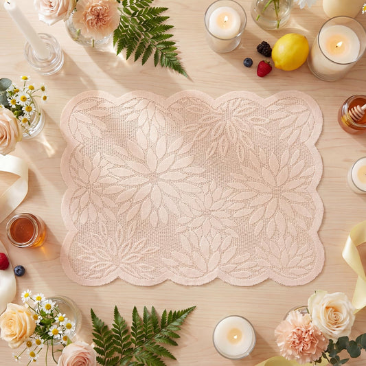 Artoid Mode Pink Dahlia Lace Placemats Set of 4, 12x18 Inch Table Mats for Wedding Anniversary Party Dining Table Decoration