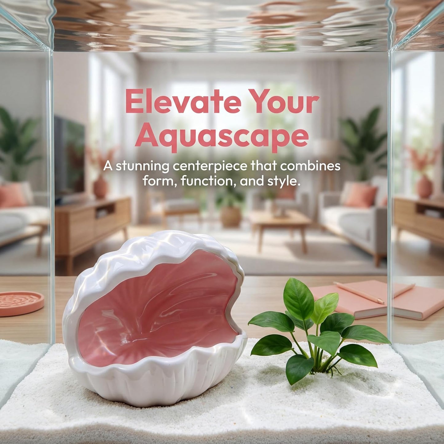 Axolotl Tank Accessories - Extra Large Ceramic Fish Tank Cave with 2PCS Artificial Plants, Double Sided Glaze Shell Shape Hideout, Aquarium Hides Cave Decor Shelter for Betta, Pet Frog, Fish(Pink)