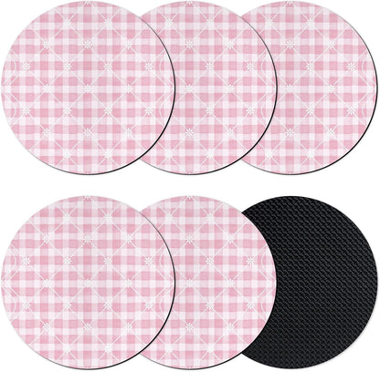 Coasters Set of 6, Pink Plaid Round Drink Coasters for Coffee Table Decor, Farmhouse Art Checkered Modern Absorbent Cup Coaster for Housewarming Gift/Home Décor, 4 Inches