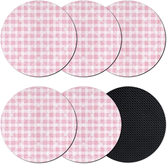 Coasters Set of 6, Pink Plaid Round Drink Coasters for Coffee Table Decor, Farmhouse Art Checkered Modern Absorbent Cup Coaster for Housewarming Gift/Home Décor, 4 Inches