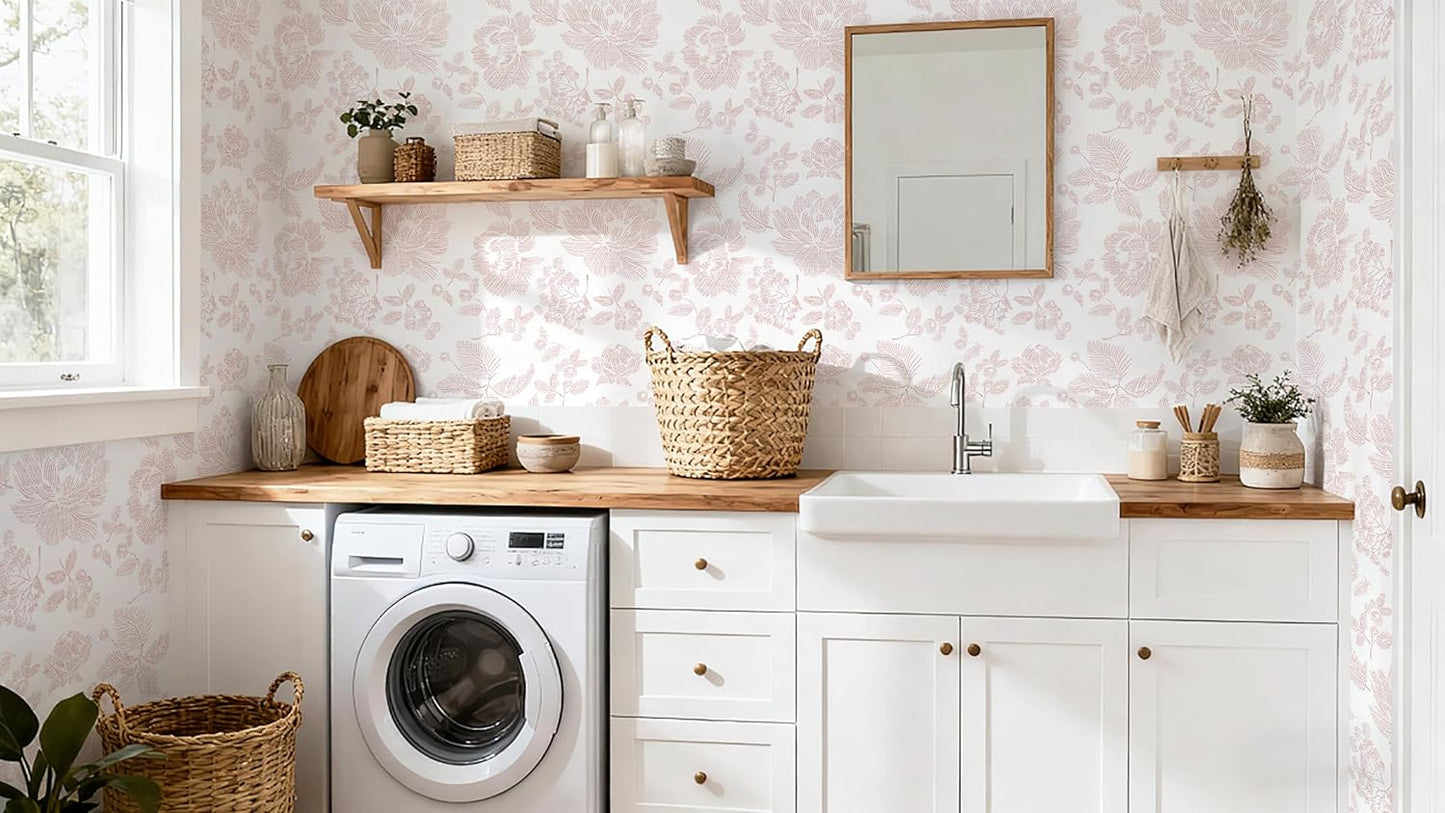 Safiyya Floral Peel and Stick Wallpaper Pink and White Contact Paper Modern Wall Paper Self Adhesive Farmhouse Removable Wallpaper for Bedroom Bathroom Vinyl Roll 17.3"x 78.7"