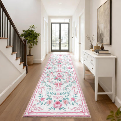 Hallway Runner Rug 2x6 - Washable Runner Rugs Non-Slip Low Pile Kitchen Runner Carpet for Laundry Room Entryway Bathroom Bedroom Living Room Floor Decor (2' x 6', Pink/Bow)