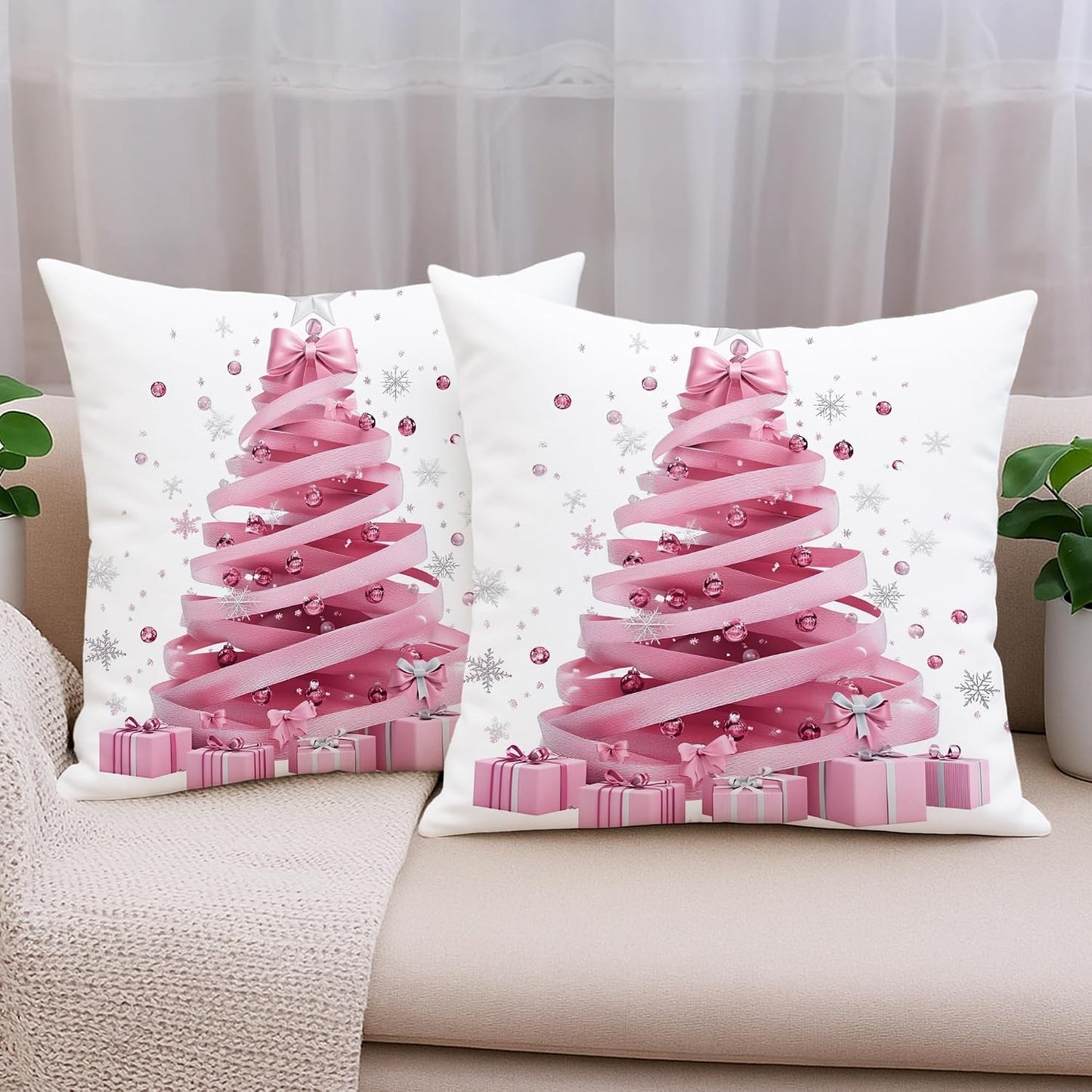 Christmas Throw Pillow Covers Set of 2, Peach Tree and Gift Decorative Cushion Cases, Holiday Square Home Decor for Sofa Bed Couch 20x20 Inch