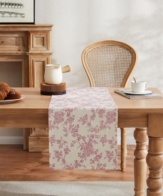 100% Cotton French Pastoral Table Runners, 13x108 Inch Pink Farmhouse Table Runners 108 Inches Long, Vintage Flowers Print Home Decors
