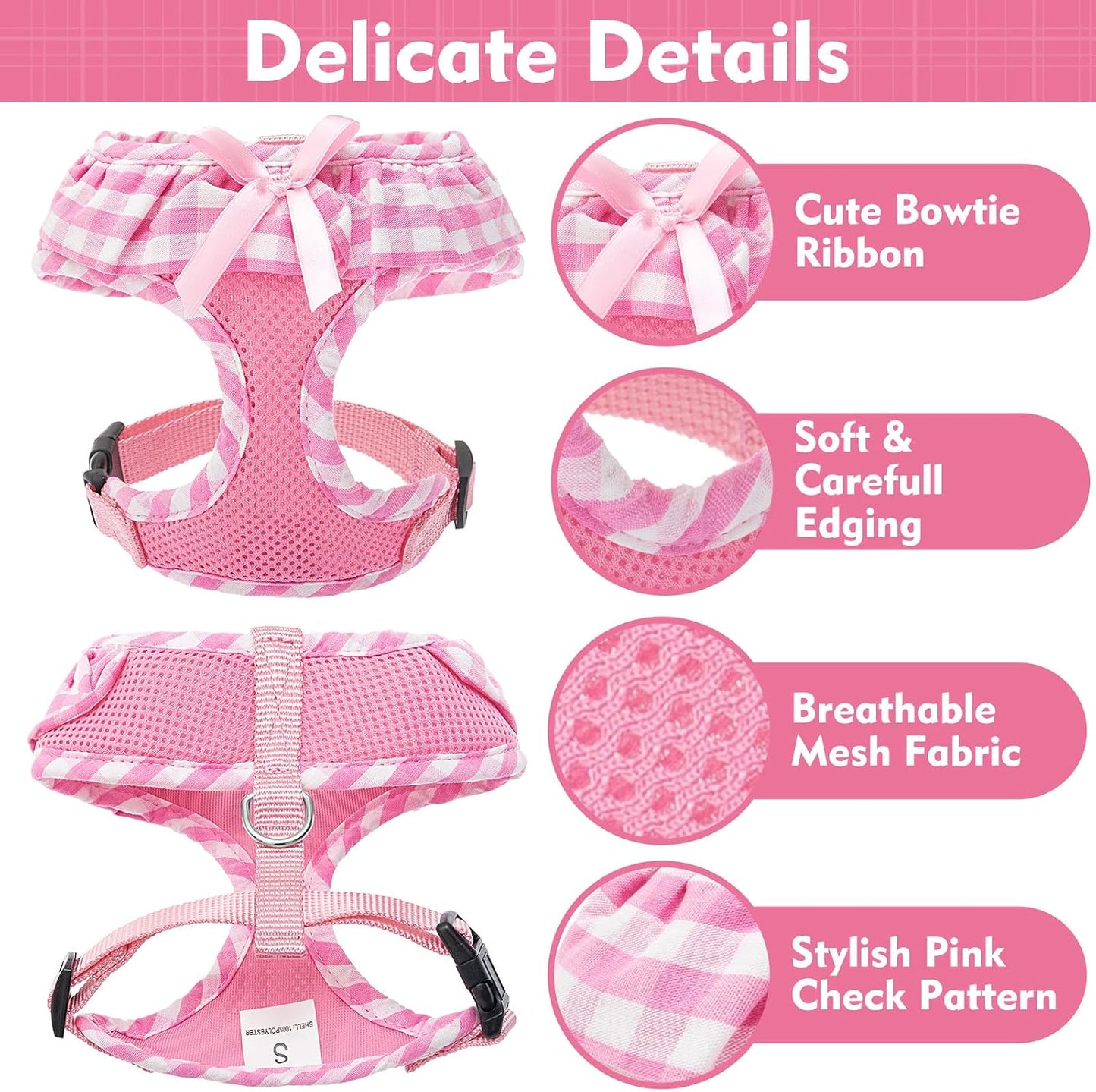 EXPAWLORER Cute Dog Harness and Leash Set - Pink Girl Dog Harness Checkered Step-in Design, Easy Adjustable No-Choke Lightweight Breathable Vest for Puppy Small Dogs Cats Outdoor Walking, X-Small