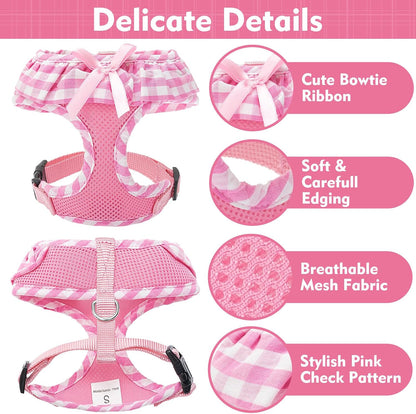 EXPAWLORER Cute Dog Harness and Leash Set - Pink Girl Dog Harness Checkered Step-in Design, Easy Adjustable No-Choke Lightweight Breathable Vest for Puppy Small Dogs Cats Outdoor Walking, X-Small