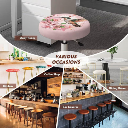 Lotusorchid Hummingbird Stool Covers 2 Pack, Peach Blossom Stool Cushion Cover with Elastic, Washable Round Seat Covers for Bar Stools, Comfy Stool Slipcovers Round, Pink