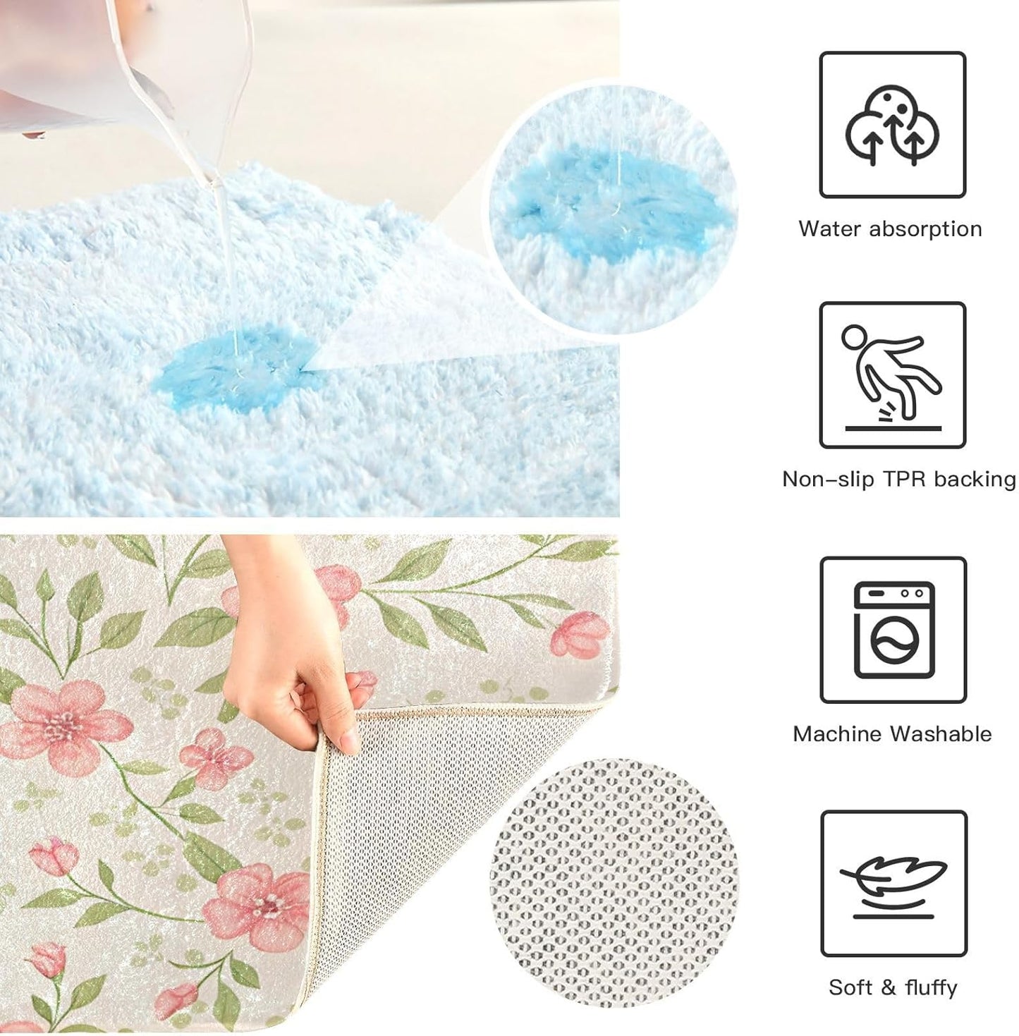 Watercolor Flowers Pink Bathroom Mat Rug 24" x 16" Non Slip Super Absorbent Quick Dry Bath Mats for Bathtub Fluffy Rugs