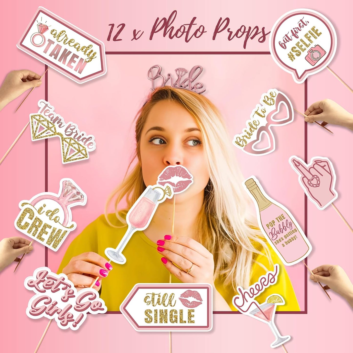 189 Pc Rose Gold Bridal Shower Decorations Kit – Bachelorette Party Set | Oxford-cloth backdrop, balloon arch, Bride-to-Be sash/veil/tiara, 12 photo props, foil balloons + printable games