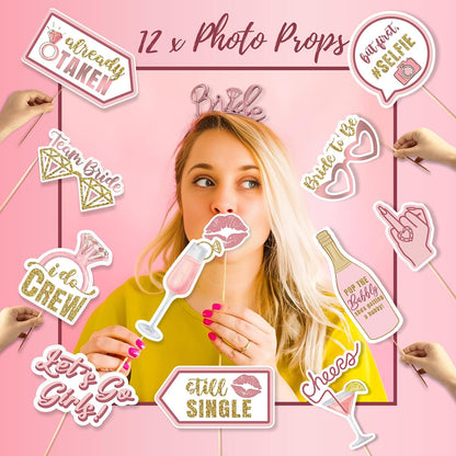 189 Pc Rose Gold Bridal Shower Decorations Kit – Bachelorette Party Set | Oxford-cloth backdrop, balloon arch, Bride-to-Be sash/veil/tiara, 12 photo props, foil balloons + printable games